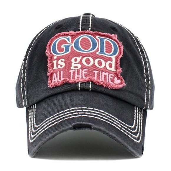 KBETHOS Accessories - Womens God is Good All the Time Pink Heart Baseball Cap Hat in Distressed Black